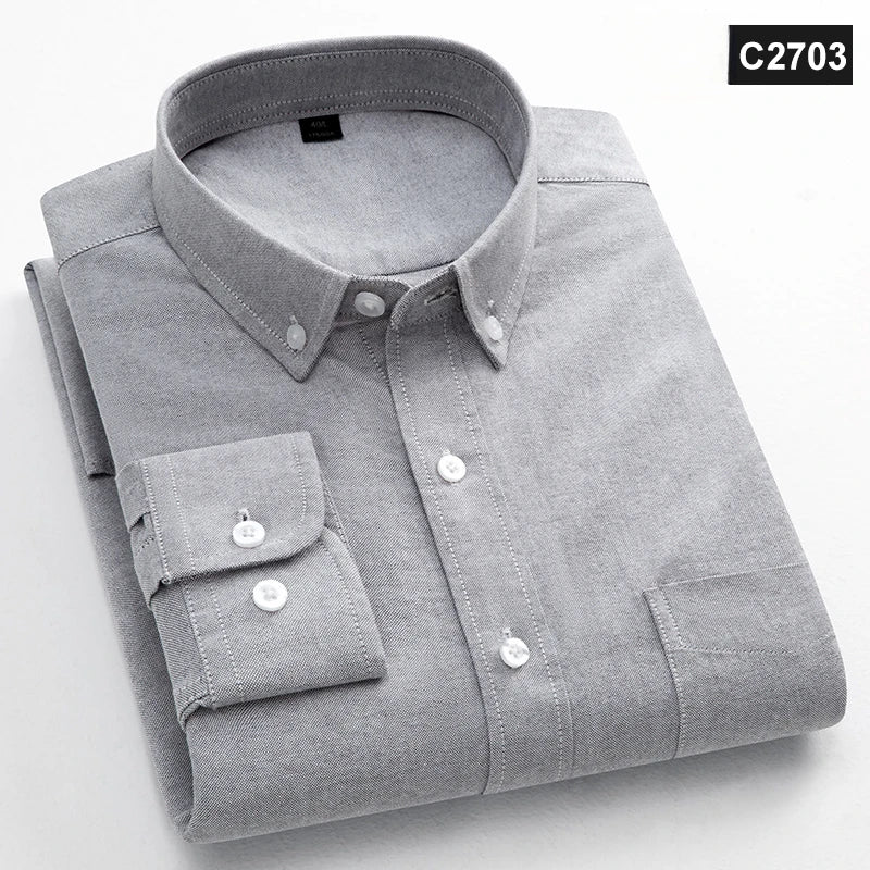 Classic Fit Fashion 100% Cotton Long-Sleeve Shirt for Men Single Pocket Slim Fit Casual Top Soft Oxford Solid Color Office Cloth