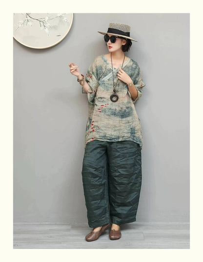 Artistic Ramie Suit Women Summer Printed Lightweight V-neck Mid-length Top + Loose Pants Two-piece Set XY307