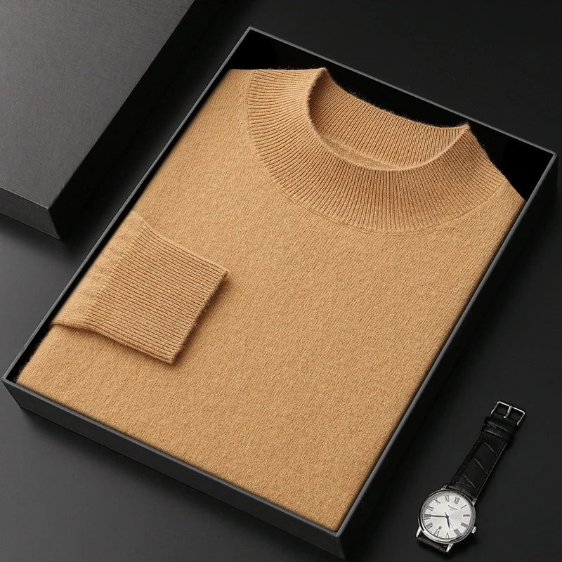 100% Pure Cashmere Sweater Men's Half High Collar Solid Color Pullover Fashion New Knit Undercoat  Autumn and Winter Long Sleeve