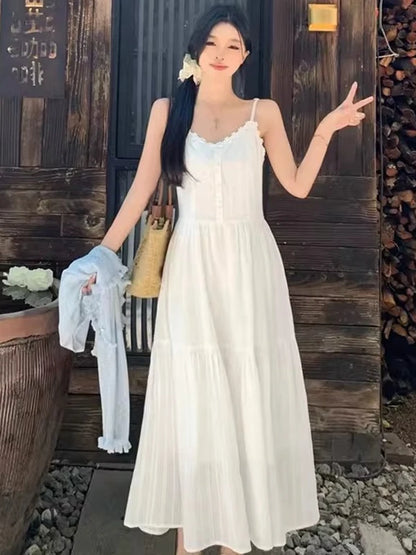 Slimming White Strapless Long Dress Simple French Style A-Line Midi Dress Women's Summer Fashion Sensation Waist-Cinching Dress