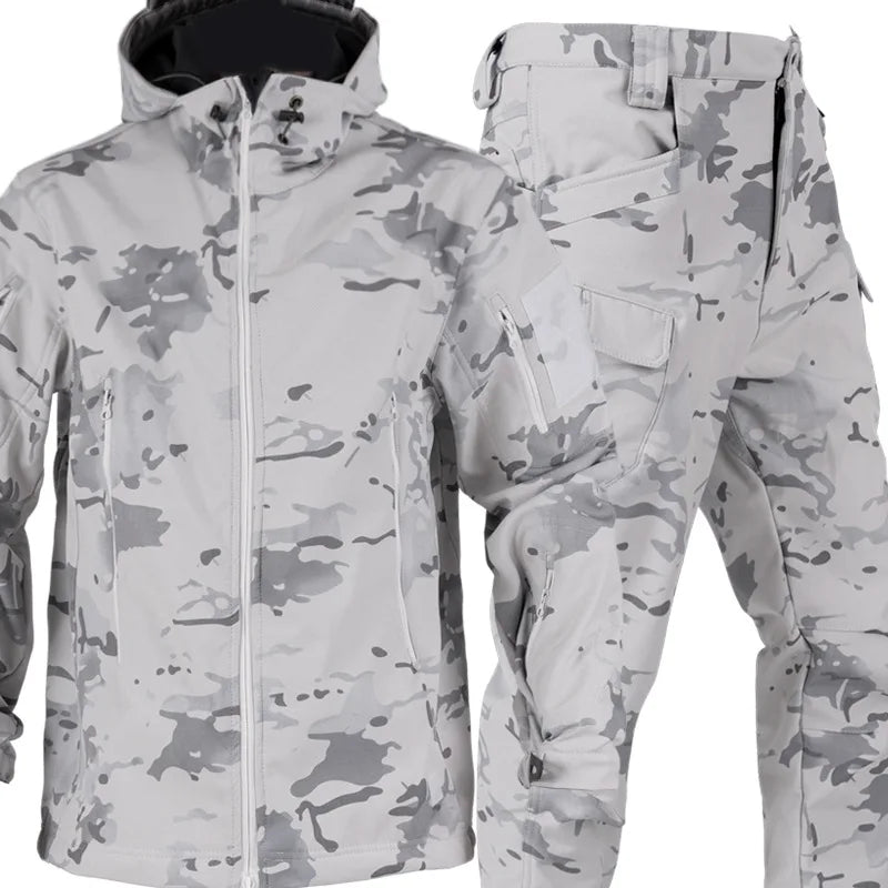 MCAP Men‘s Snow Camo Tactical Suit Softshell Jacket Pants Set Thermal Fleece Lined Hooded Underarm Zipper for Ski Hunting Winter