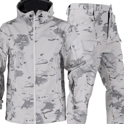 MCAP Men‘s Snow Camo Tactical Suit Softshell Jacket Pants Set Thermal Fleece Lined Hooded Underarm Zipper for Ski Hunting Winter