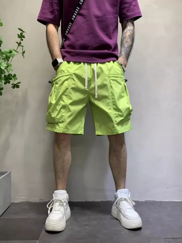 New Summer Beach Shorts Fashion Candy Color Big Pocket Mens Cargo Shorts Casual High Street Loose Fit Knee Length Trousers Male
