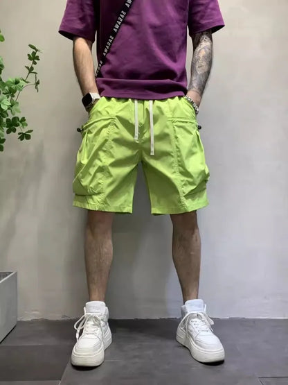 New Summer Beach Shorts Fashion Candy Color Big Pocket Mens Cargo Shorts Casual High Street Loose Fit Knee Length Trousers Male