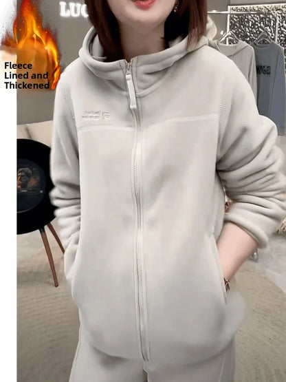 Autumn Winter Thickened Fleece Hoodie Jacket Women's Casual Slimming Versatile Long Sleeve Zipper Closure  Color Sweatshirt
