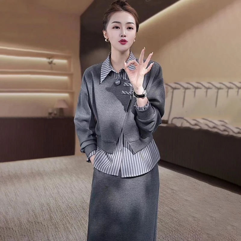 Fashionable Fake Two-Piece Hoodie Split  Skirt Set Women's Long Sleeve  Collar Polyester Fiber Slimming Design Autumn...