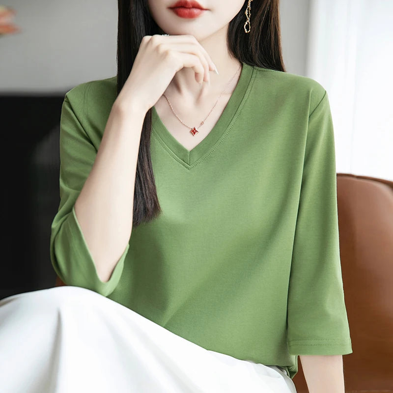 Spring And Summer New White Mercerized Cotton Cropped Sleeve T-shirt Feminine Joker 100% Cotton Bottoming Shirt Half Sleeve