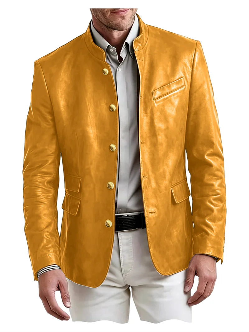 Men's Stand Collar Leather Blazer Slim Fit Single Breasted Golden Metal Buttons Multi Pocket Coat For Business Wedding Daily