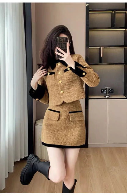 High-End  Style Women's Outerwear Set Autumn Winter New Design High Waist  Skirt Two-Piece Suit Fashionable And Warm