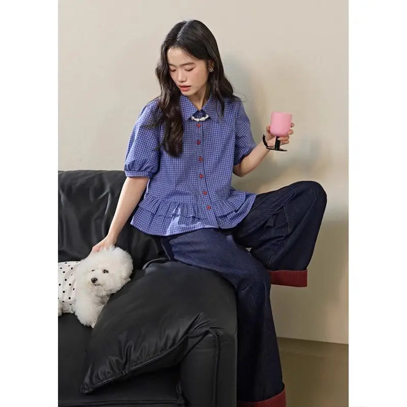 Blue Plaid Short Shirt Women's Spring Summer New Miu Style Ruffle Sleeve Top Female Fashionable Casual Business Workwear