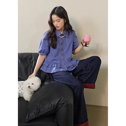 Blue Plaid Short Shirt Women's Spring Summer New Miu Style Ruffle Sleeve Top Female Fashionable Casual Business Workwear