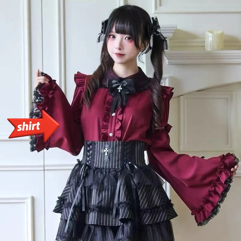 Jirai Kei Lolita Blouse Kawaii Top Women Cute Japanese Style Shirt with Bow Y2K Elegant Long Sleeve Sweet Casual Aesthetic Tops