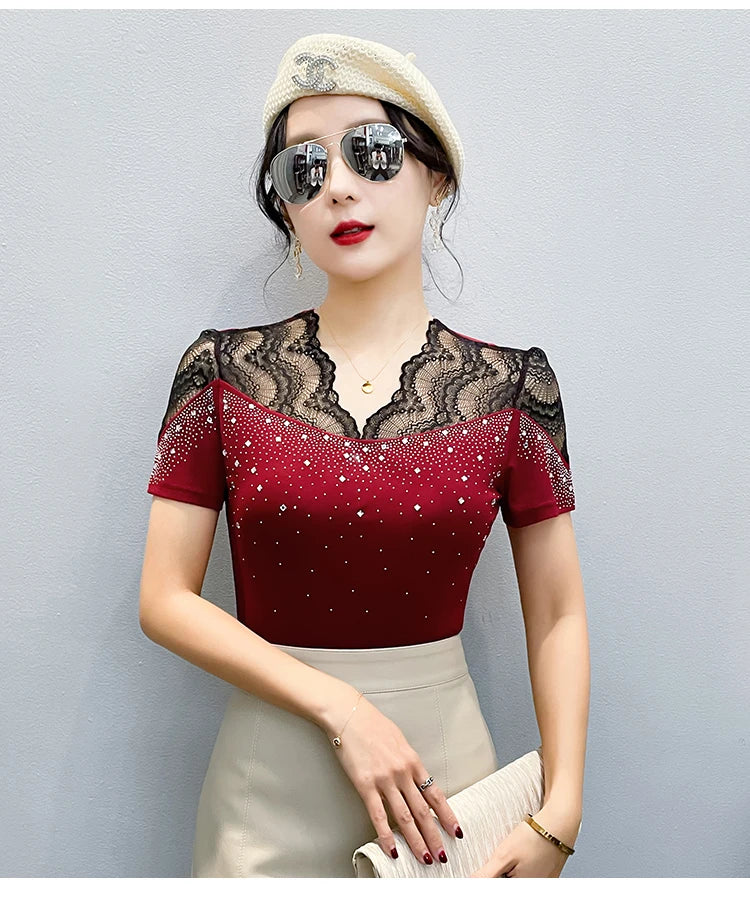 2026 Summer Women Tops New Korean Fashion Diamond Mesh T Shirt V-neck Short Sleeved Patchwork Lace Shirt