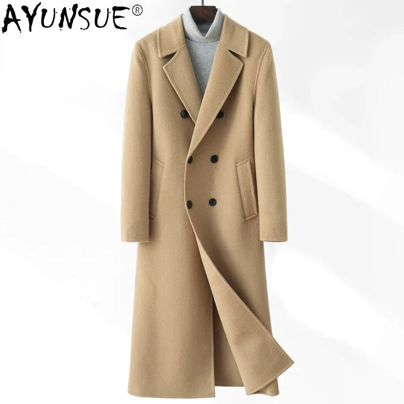 AYUNSUE High-end Double-sided Woolen Coat Men Winter Long Over-the-knee 100% Wool Trench Coat Handsome Woolen Jacket for Men