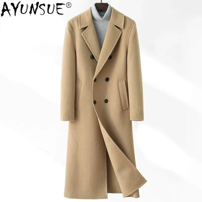 AYUNSUE High-end Double-sided Woolen Coat Men Winter Long Over-the-knee 100% Wool Trench Coat Handsome Woolen Jacket for Men