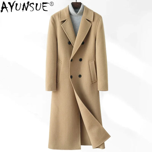 AYUNSUE High-end Double-sided Woolen Coat Men Winter Long Over-the-knee 100% Wool Trench Coat Handsome Woolen Jacket for Men
