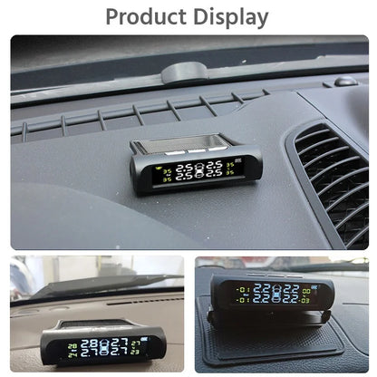 Solar Car TPMS, LCD Display Tire Pressure Monitor with USB Charging, External/Internal Sensor, Auto Alarm, Digital TPMS for Car