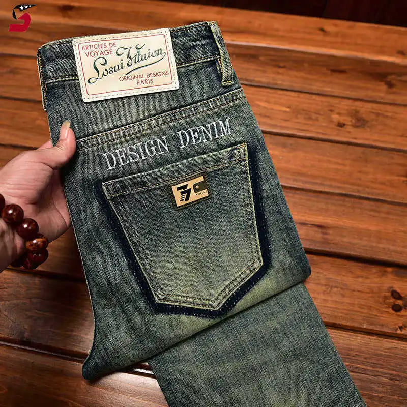 2026 Retro Nostalgic Jeans Men's Embroidered Print Spring and Autumn Men's Clothing Elastic Slimming Small Foot Trendy Pants