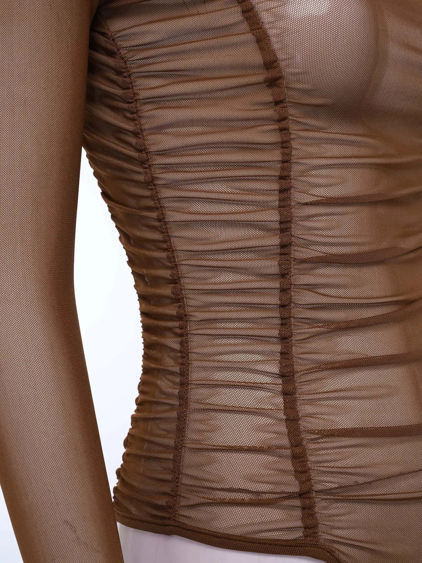 Womens Nightclub Beach Bodysuit Sheer Mesh Side Ruched High Collar Long Sleeve Button Crotch Leotard See Through Cover Up Outfit
