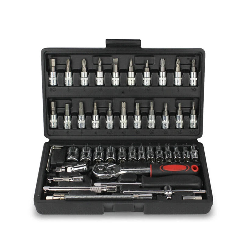 46Pcs Car Repair Tool Kit 1/4-Inch Socket Set Car Repair Tool Ratchet Torque Wrench Combo Auto Repairing Set Mechanic Tool