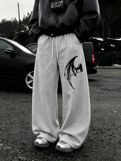 Mens Dark Gothic Spider Bat Wing Print Baggy Wide Leg Sweat Pants Loose Straight Drawstring Hip Hop Street Joggers