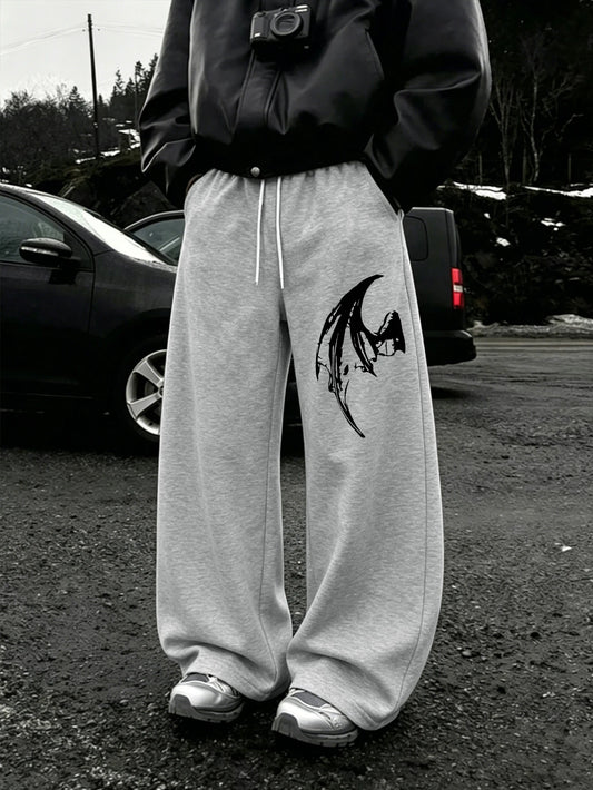 Mens Dark Gothic Spider Bat Wing Print Baggy Wide Leg Sweat Pants Loose Straight Drawstring Hip Hop Street Joggers