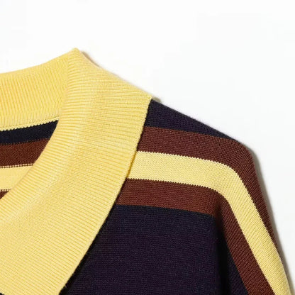 Autumn Winter Polo Collar Long Sleeve Striped Knitted Pullover Tops Women Buttons Decoration Sweater Female Casual Fashion Wear