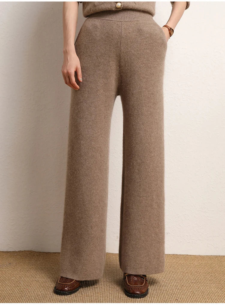 Women's 100% Cashmere Wide Leg Pants Knitted Thick Autumn/Winter Casual Solid Color Elastic Waistband Pockets