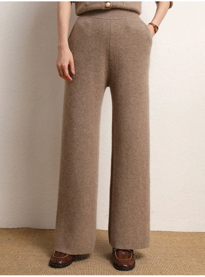 Women's 100% Cashmere Wide Leg Pants Knitted Thick Autumn/Winter Casual Solid Color Elastic Waistband Pockets