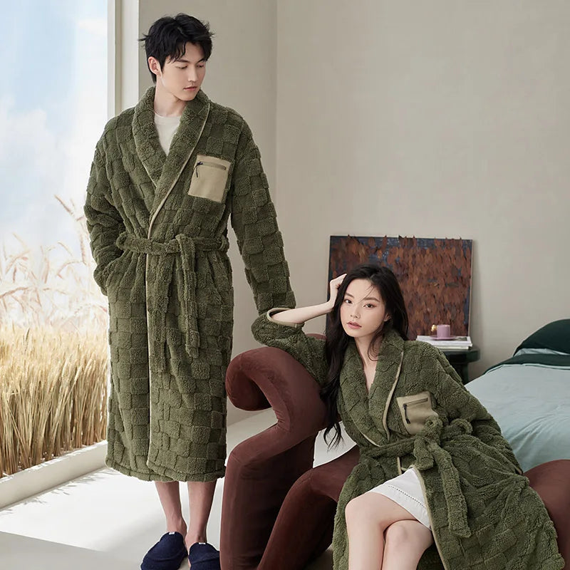 Winter Flannel Couple Long Sleepwear Robes Thick Terry Robe Female Long Sleeve Kimono Warm Bathrobe Home Wear Peignoir Men Robe