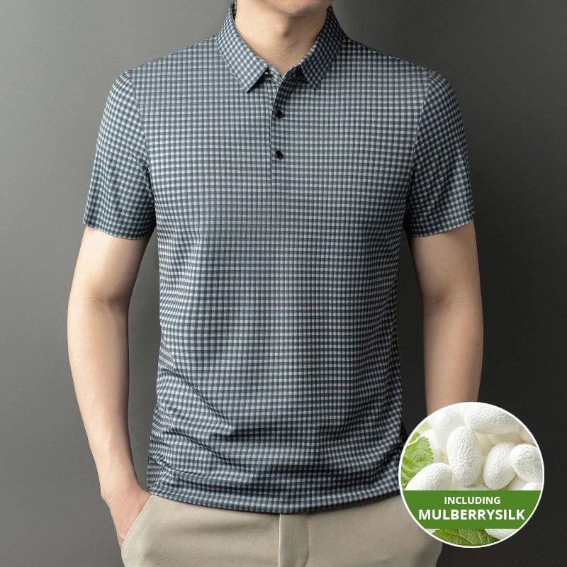 2025 Top Grade Mulberry Silk Anti-wrinkle New Summer Brand Polo Shirt Short Sleeve Casual Tops Fashions Checkered Mens Clothes