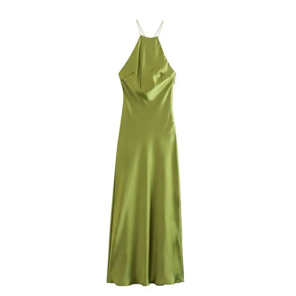 New Spring Summer Women's Maxi Dress Satin Feeling Sleeveless Dress European American Style Banquet Sexy Dress Evening Dresses