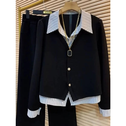 plus Size Women's Shirt Collar Long Sleeve Striped Fake Two-Piece Single Button Autumn Commute Style Loose Fit Korean Version