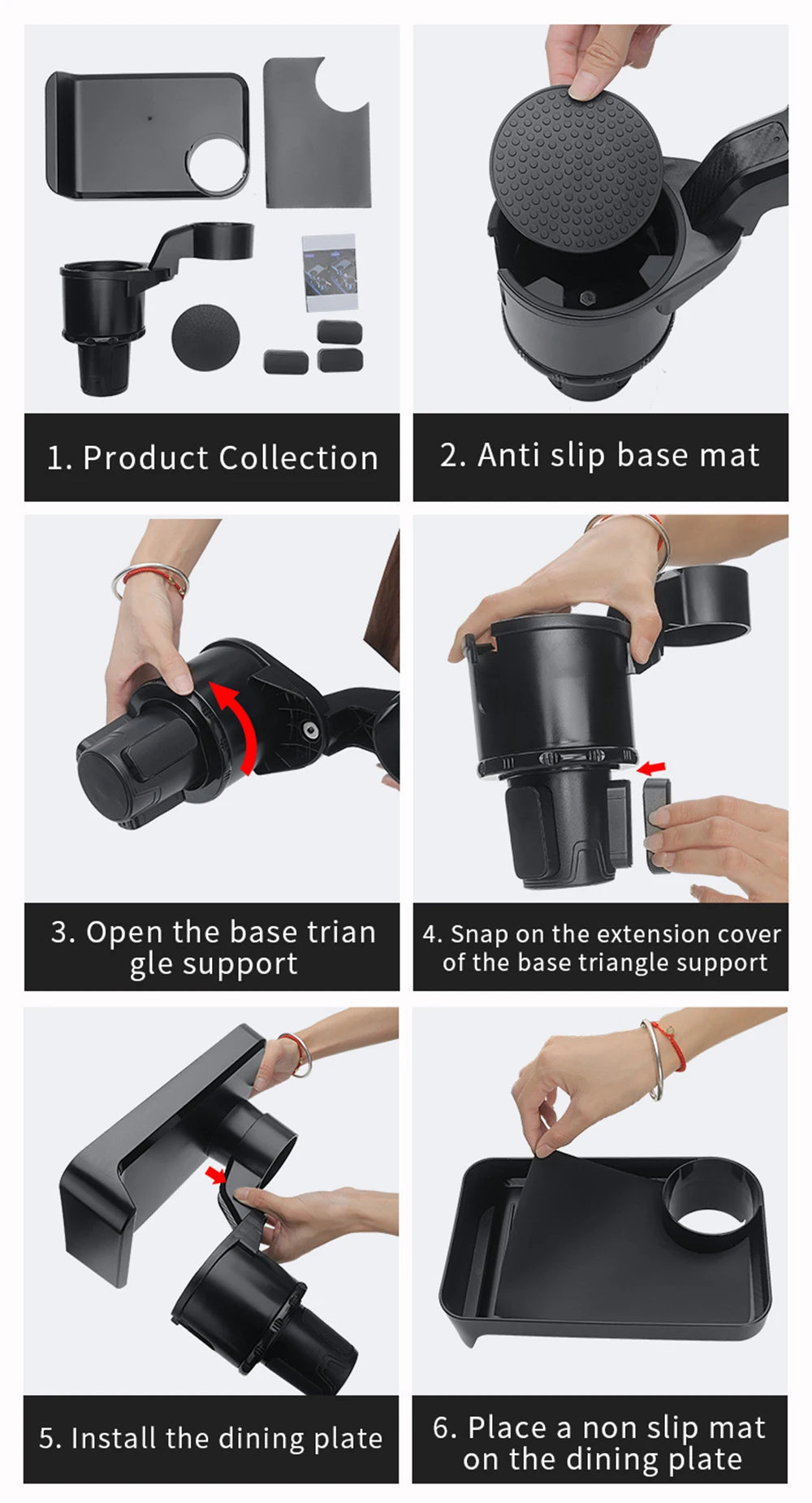Car Cup Holder Expander Multi-Function Drink Holder with Food Table 360-Degree Adjustable Base Tray for Snack