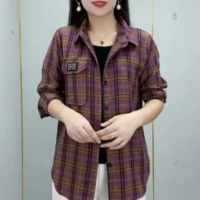 Sun Protection Long Sleeve Cotton Shirt Casual Plaid Women's Top Mom's Shirt Middle-Aged Women's Fashion Autumn 2025