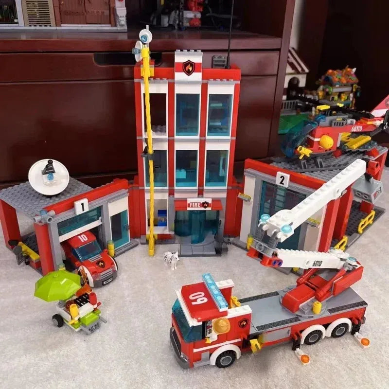 City Fire Station Helicopter Truck Garage Firehouse Building Blocks Set Bricks Compatible 60110 Model Festival Party Gift