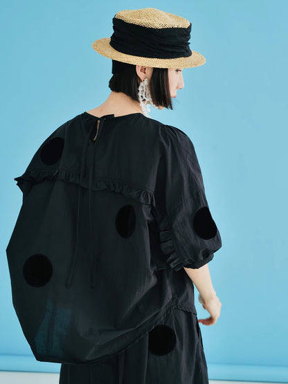 IMAKOKONI Original Design Black Polka Dot Half Sleeve Pullover T-shirt Loose Thin Casual Top Summer Women's 223688
