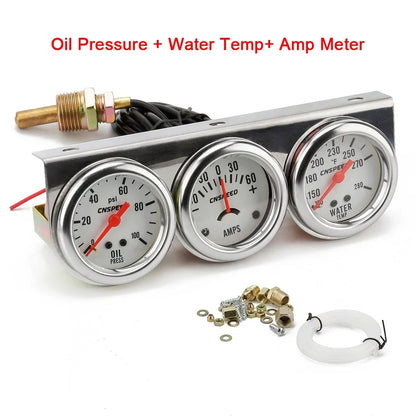 2" 52mm Chrome Panel Oil Pressure Water Temp Amps Triple Gauge Set Black white Face Volt meter