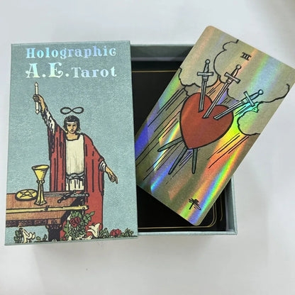 12*7cm Holographic A.E. Tarot Deck In Sliding Rigid Gift Box 78 Pcs Tarot Cards with Guidebook and Drawstring Pouch
