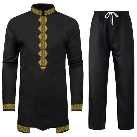 LIBIELIY New Black White Men's Suit African Ethnic Style Long Sleeve Embroidered Suit Men's Traditional Clothing 2 Pieces Luxury