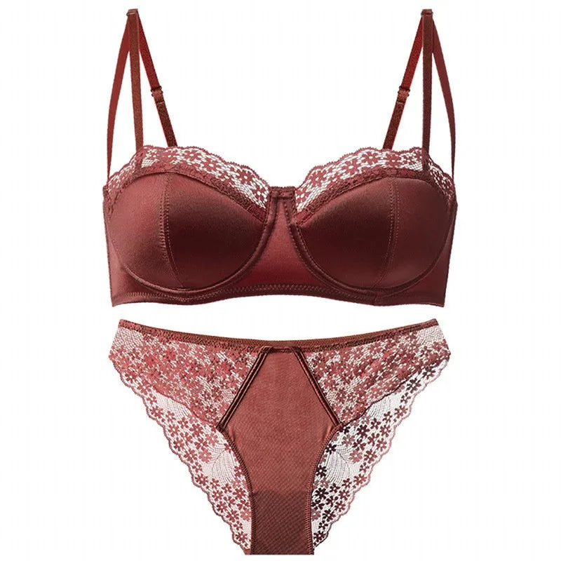 hot sale Sexy Lace Underwire Bra Set Thin Demi Cup Push Up Anti Ptosis Minimizer Lift Gather Side Fat Women Daily Plus Size S-XL