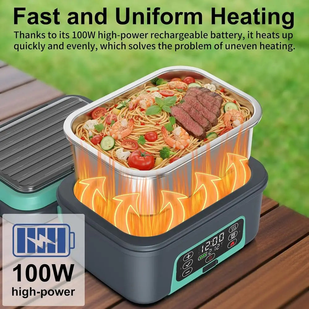 Portable 1.5L Electric Lunch Box - 6.3 Cups, 100W Rechargeable, Smart Heating Food Warmer with Removable Divider, Spoon, BPA-Fre