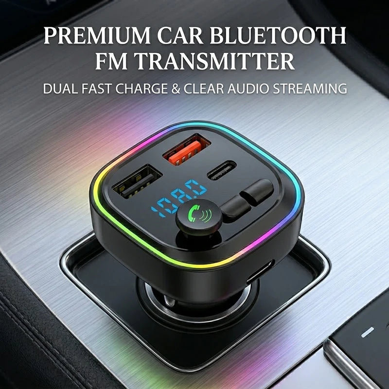 Car Bluetooth FM Transmitter Audio Adapter With RGB Ring Light Dual USB QC3.0 And Type-C Fast Charger Hands-Free MP3 Player