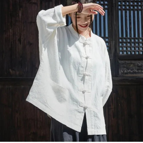 Retro Chinese Cotton Linen Shirt Jacket Women Spring Zen Collar Button Long Sleeve Slimming Linen Outerwear Top
