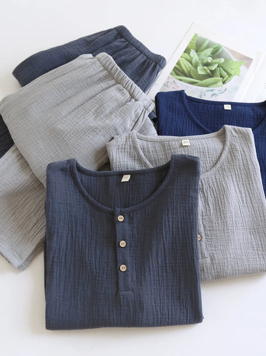 100% Pure Cotton Sleepwear Long Sleeve round Neck Hooded Home Clothes Set for Men Double Layer Gauze Spring Autumn New Style