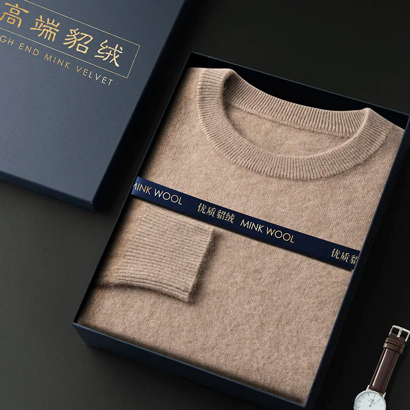 100% Pure Mink Cashmere Men's Round Neck Sweater For Autumn Winter, Casual Knitted Long Sleeved Pullover Sweater Men's Clothng