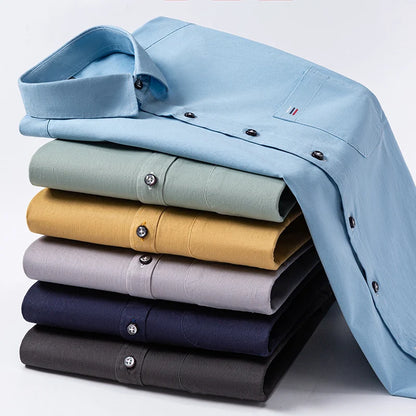 New 100%Pure Cotton Men's Shirts Long Sleeves Solid Color Soft Regular Fit Casual Shirt Pocket Social Blouse Male Clothes S-7XL