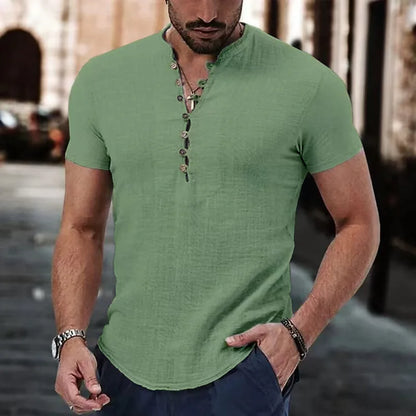 Men's Short Sleeve Linen Shirt Summer Lightweight Casual V-Neck T-Shirt Men Basic Solid Color Loose Fit Top
