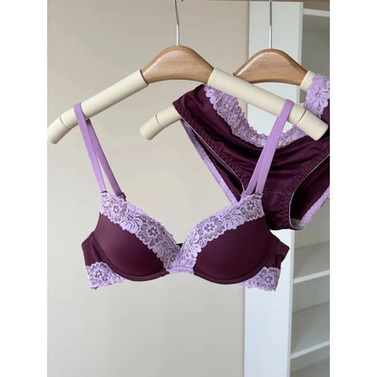 Sexy Purple Lace Lingerie Set for Women Push Up Bra No Underwire Small Bust Fit gathering Cups Lift Petite Cute Panties YUQI