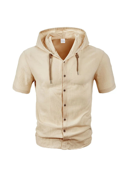 Men's Hooded Button Down Shirt Short Sleeve Linen Look Casual Top Drawstring Summer Beach Vacation Shirt 2026